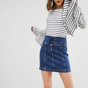 FREE PEOPLE High Waist Lace Up Denim Skirt